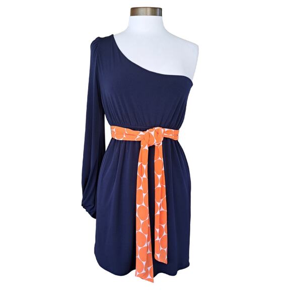 Judith March One-Shoulder Mini Dress Navy Blue & Orange Large (runs small) - Picture 1 of 7